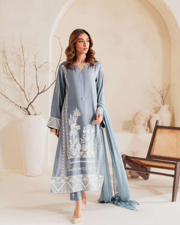 Azura — Luxury 3-Piece Summer Lawn Suit-Steel Blue with White Embroidery & Chiffon Dupatta