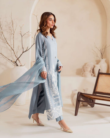 Azura — Luxury 3-Piece Summer Lawn Suit-Steel Blue with White Embroidery & Chiffon Dupatta