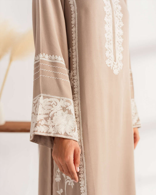 Amal-Luxury 3-Piece Summer Lawn Suit-Mocha Brown with White Embroidery & Chiffon Dupatta