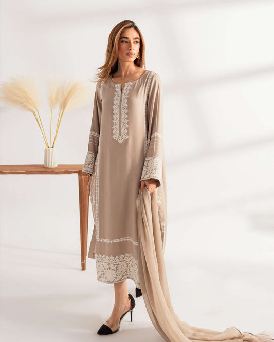 Amal-Luxury 3-Piece Summer Lawn Suit-Mocha Brown with White Embroidery & Chiffon Dupatta