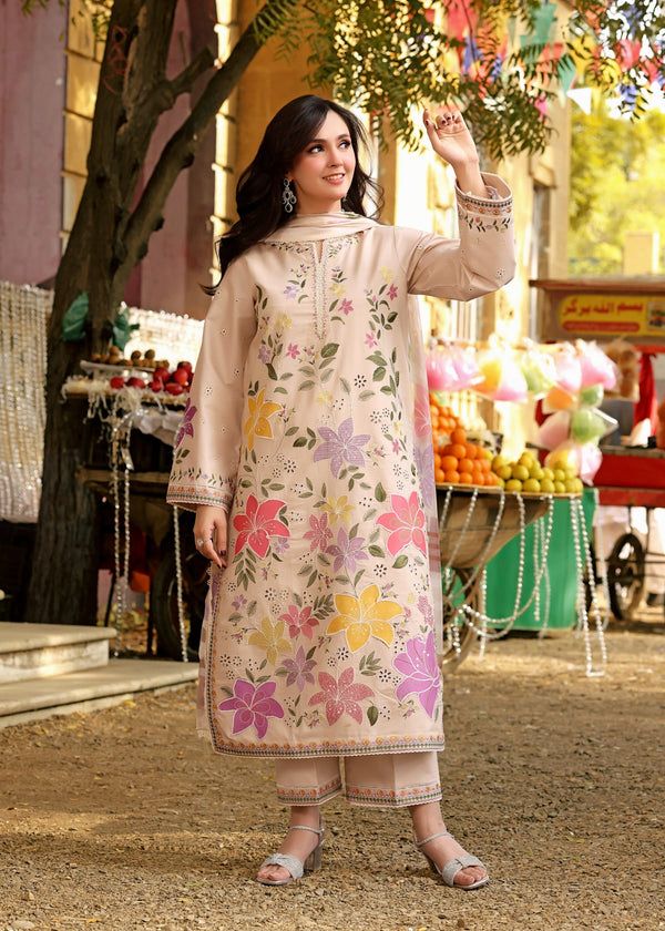 Aleesha Skin-3Piece Summer Lawn Suit-Multicolor Floral Print with Embroidered Detailing